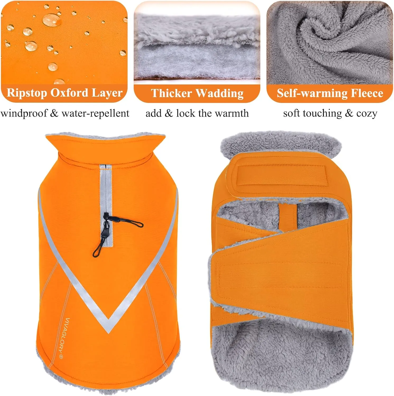 VIVAGLORY Cozy Water-Repellent Windproof Dog Vest - Warm Pet Apparel for Winter, Orange XS