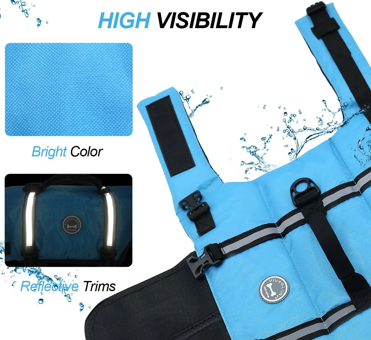 VIVAGLORY Ripstop Dog Life Jacket for Small Medium Large Dogs Boating, Dog Swimming Vest with Enhanced Buoyancy & Visibility, Blue