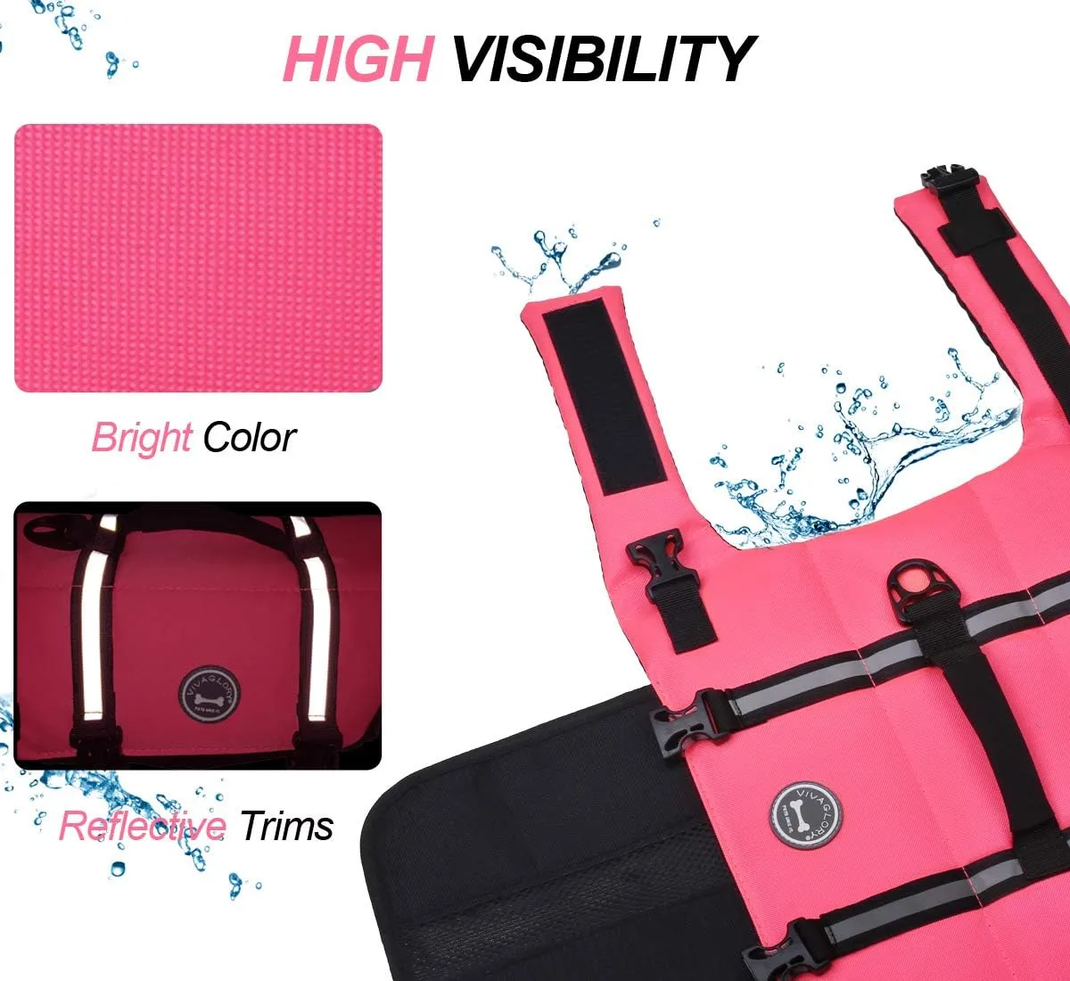 VIVAGLORY Ripstop Dog Life Jacket for Small Medium Large Dogs Boating, Dog Swimming Vest with Enhanced Buoyancy & Visibility, Bright Pink
