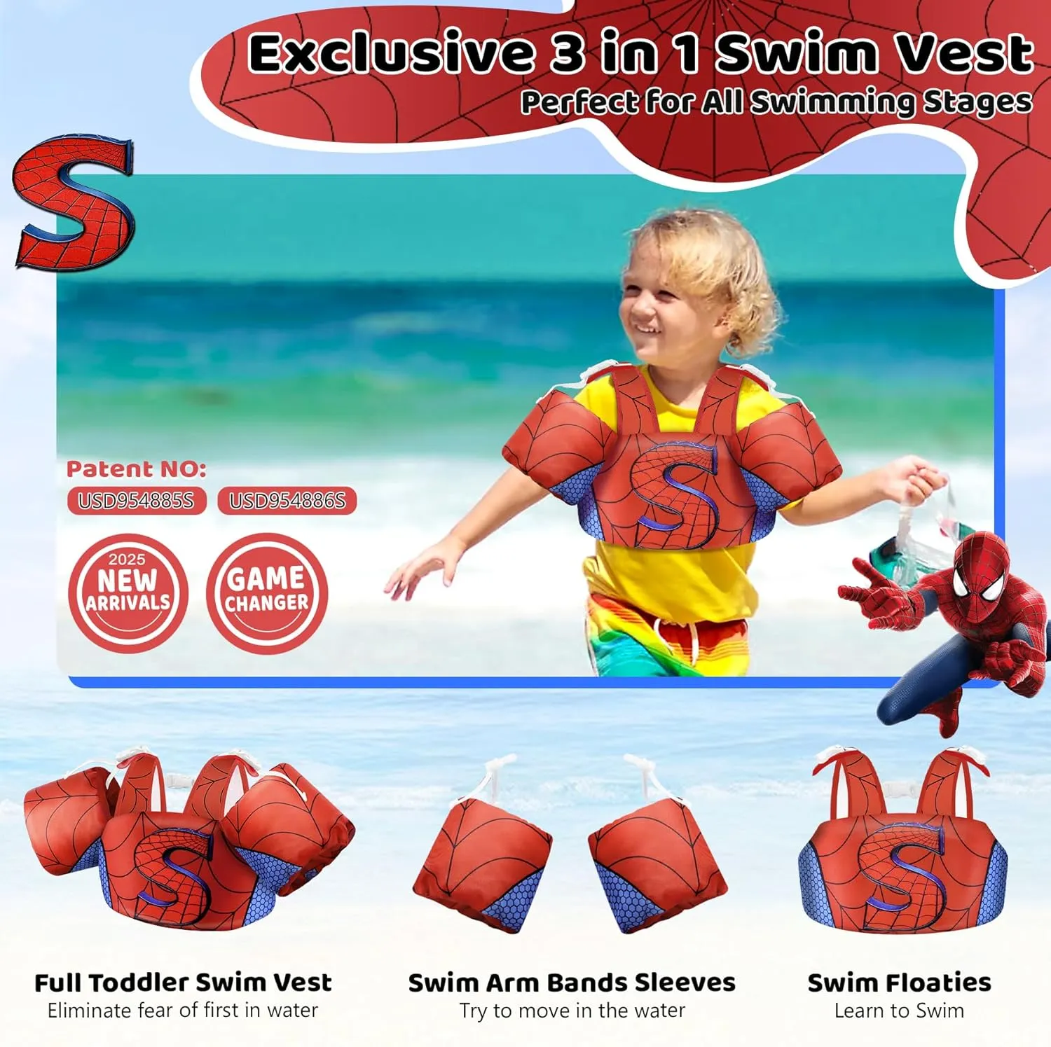 Vvinca Separable Toddler Swim Vest Fit 22-66 Lbs（1-6 Years）|2025 Newest 3 in 1 Pool Float & Arm Bands Boys and Girls, Adjustable Sturdy Safety for Infant 1 2 3 4 5 6 Year