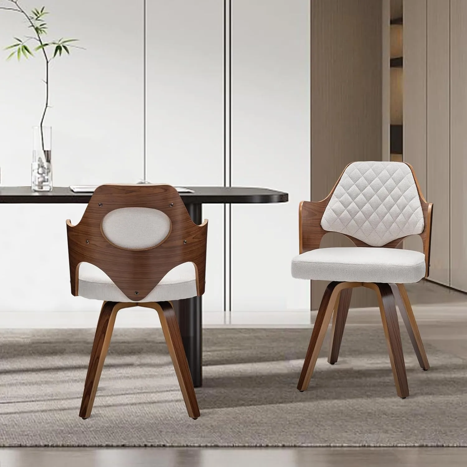 Walnut Dining Chairs Set of 2,Beige Kitchen Chair Fabric,Wooden Mid Century Modern Dining Chairs,Swivel Bentwood Chair with Arms for Dining Room