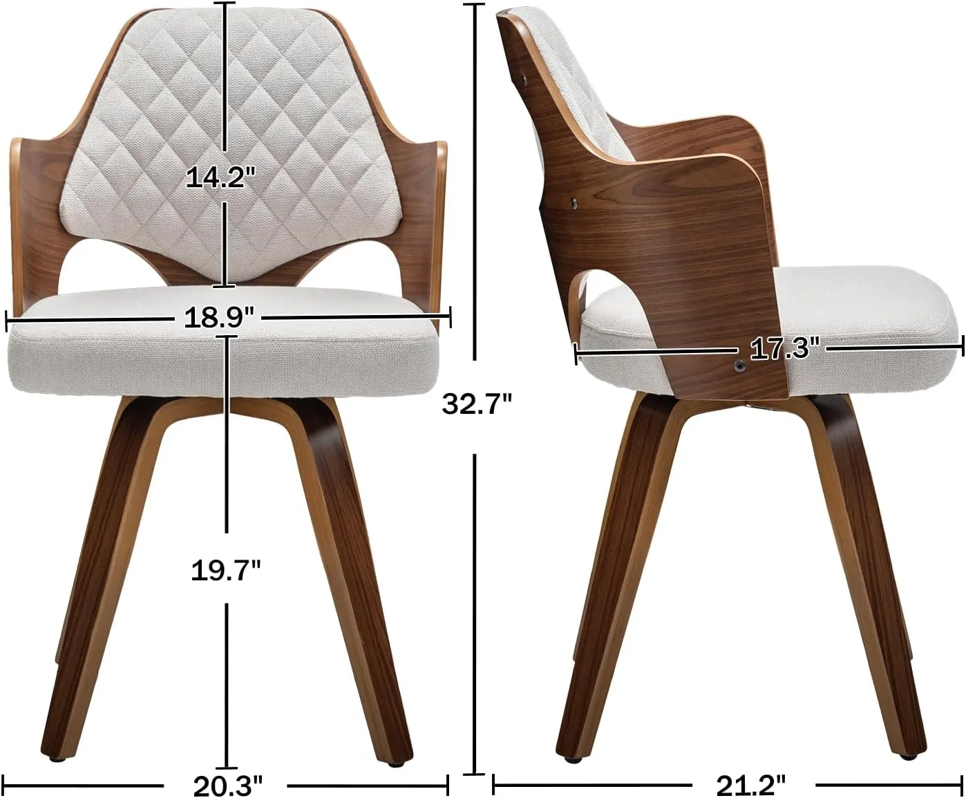 Walnut Dining Chairs Set of 2,Beige Kitchen Chair Fabric,Wooden Mid Century Modern Dining Chairs,Swivel Bentwood Chair with Arms for Dining Room