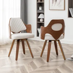 Walnut Dining Chairs Set of 2,Beige Kitchen Chair Fabric,Wooden Mid Century Modern Dining Chairs,Swivel Bentwood Chair with Arms for Dining Room