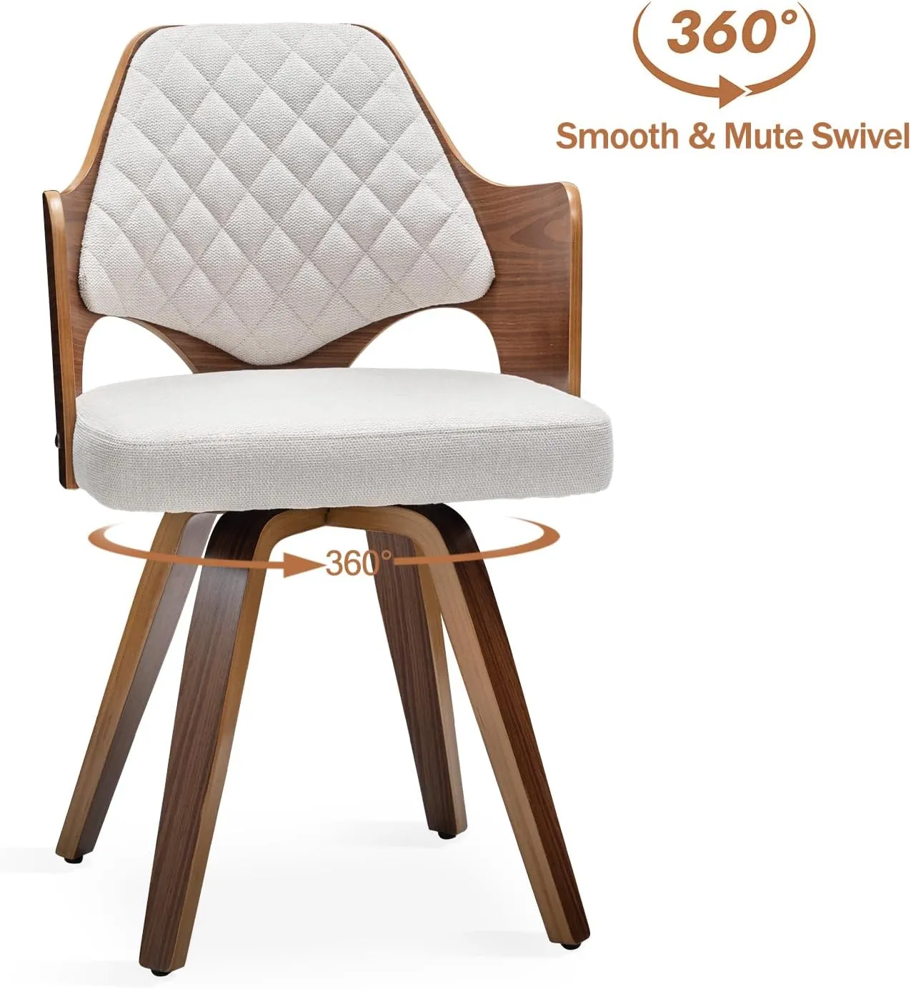 Walnut Dining Chairs Set of 2,Beige Kitchen Chair Fabric,Wooden Mid Century Modern Dining Chairs,Swivel Bentwood Chair with Arms for Dining Room