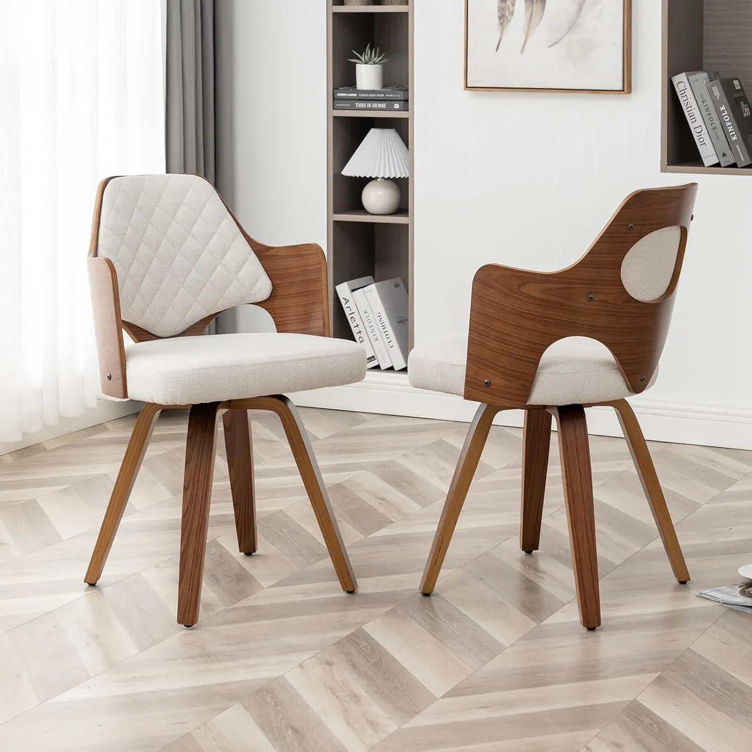 Walnut Dining Chairs Set of 2,Beige Kitchen Chair Fabric,Wooden Mid Century Modern Dining Chairs,Swivel Bentwood Chair with Arms for Dining Room