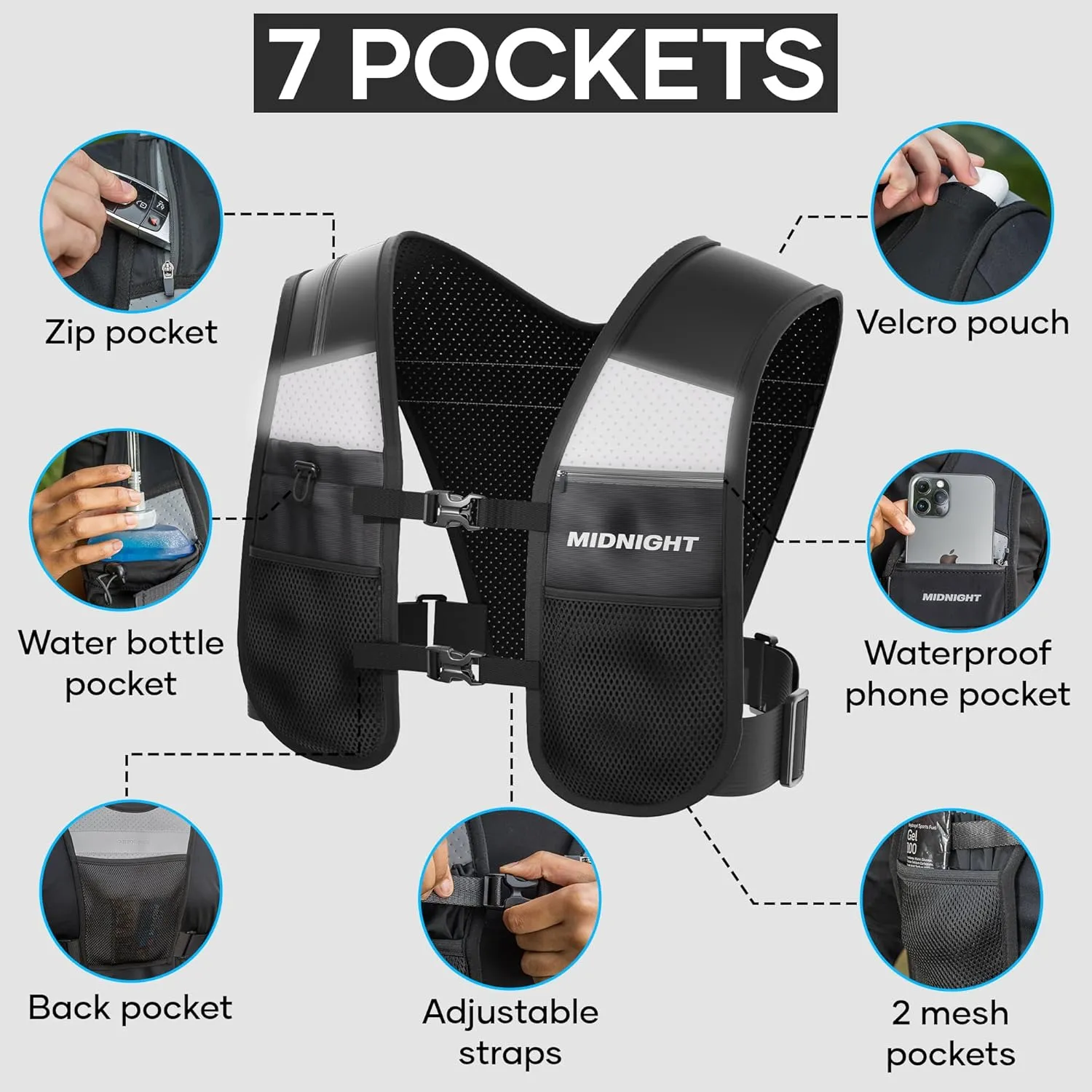 Water Resistant Running Vest - Reflective Vest for Running, 7 Pockets for Extra Storage, Lightweight Phone Holder