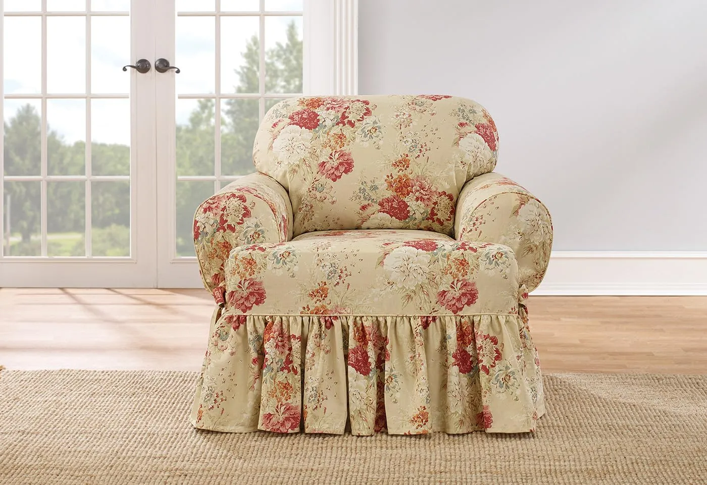 Waverly Ballad Bouquet Ruffled T Cushion Chair Slipcover, Chair T Cushion Cover with Cotton Floral One Piece Design and Ruffled Skirt, Machine Washable Chair Cover, Blush