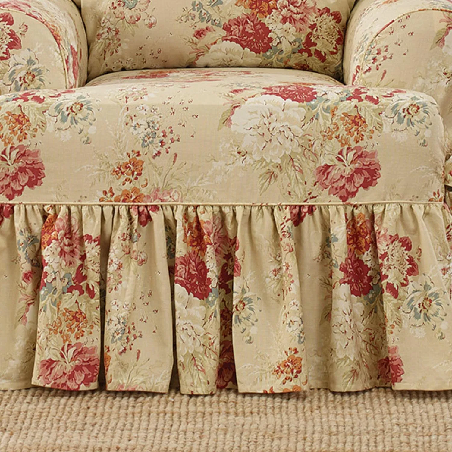 Waverly Ballad Bouquet Ruffled T Cushion Chair Slipcover, Chair T Cushion Cover with Cotton Floral One Piece Design and Ruffled Skirt, Machine Washable Chair Cover, Blush