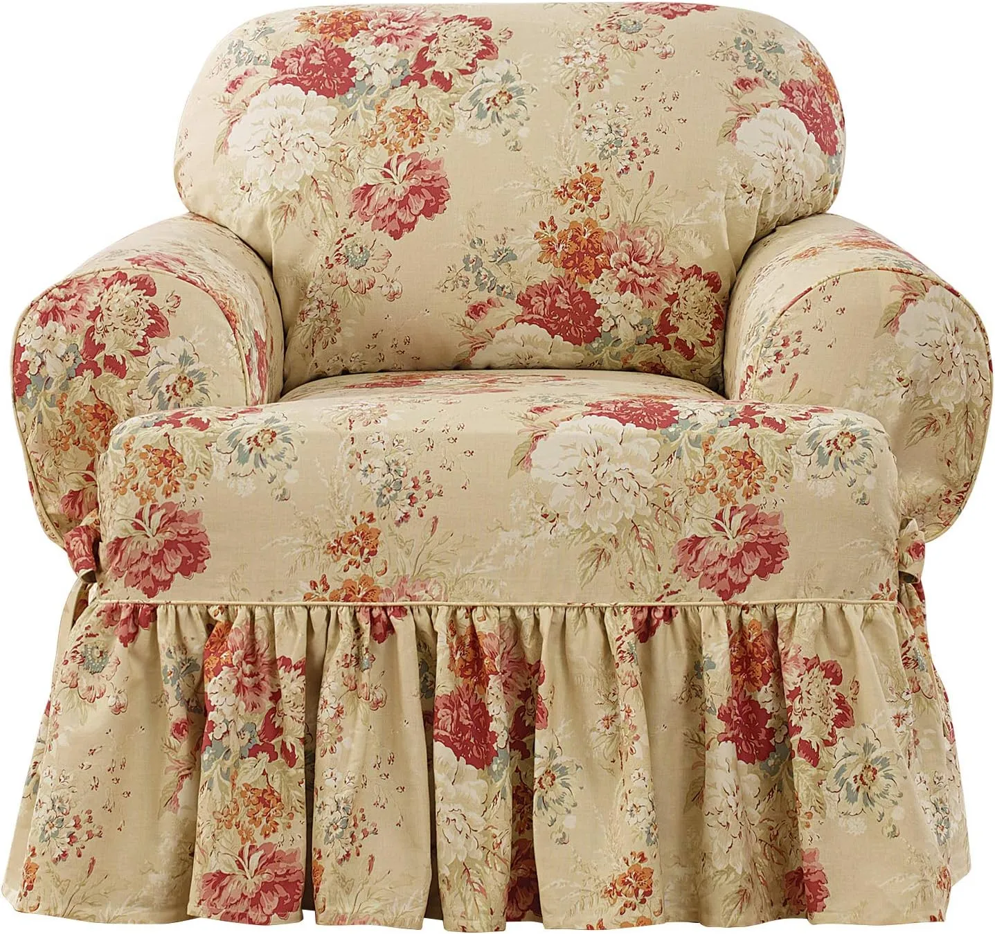 Waverly Ballad Bouquet Ruffled T Cushion Chair Slipcover, Chair T Cushion Cover with Cotton Floral One Piece Design and Ruffled Skirt, Machine Washable Chair Cover, Blush