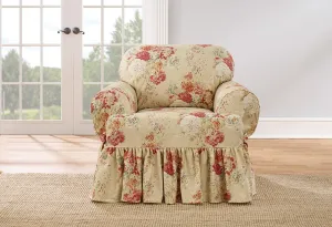 Waverly Ballad Bouquet Ruffled T Cushion Chair Slipcover, Chair T Cushion Cover with Cotton Floral One Piece Design and Ruffled Skirt, Machine Washable Chair Cover, Blush