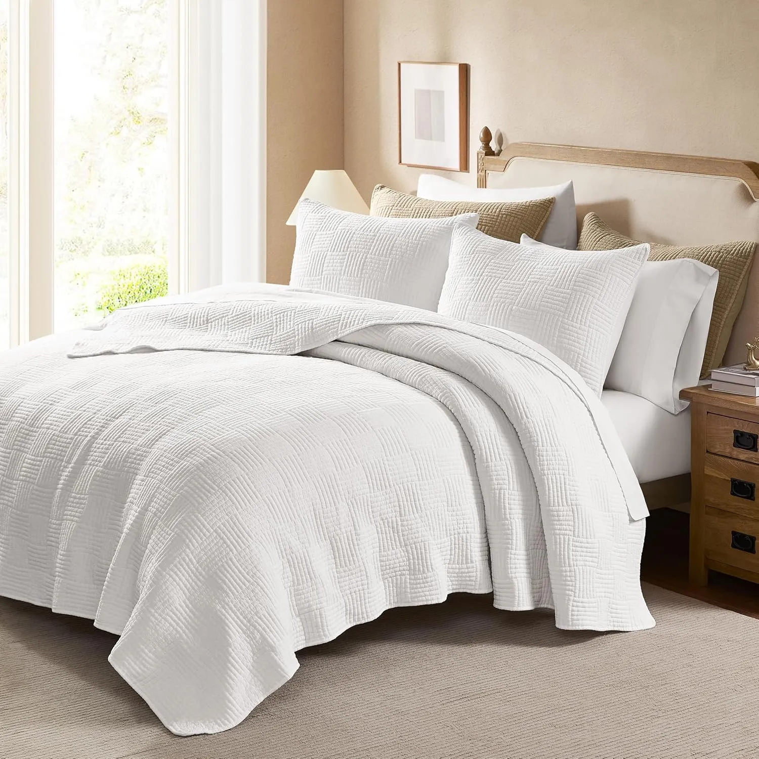 WDCOZY White Twin Size Quilt Set, Muslin Cotton Shell Down-Alt Poly Filling, Shabby Chic Rustic Farmhouse Country Bedspread, Textured Gauze Coverlet, Soft Lightweight Bedding, All Season, 1 Sham
