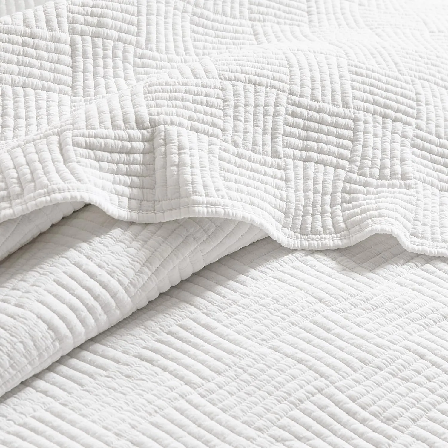 WDCOZY White Twin Size Quilt Set, Muslin Cotton Shell Down-Alt Poly Filling, Shabby Chic Rustic Farmhouse Country Bedspread, Textured Gauze Coverlet, Soft Lightweight Bedding, All Season, 1 Sham