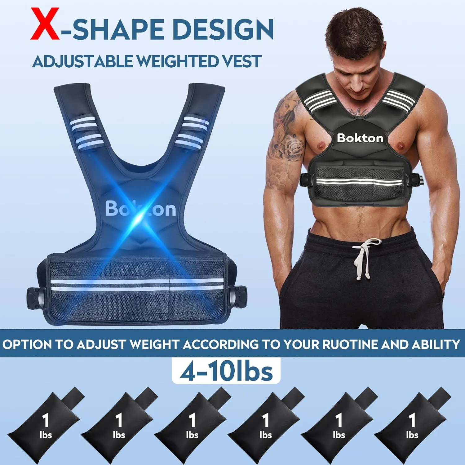 Weighted Vest for Men and Women, 4-10lb/9-18lb Vest with 6 Ironsand Weights for Home Workouts, Adjustable Body Weight Vest Exercise Set for Strength Training, running, walking, Cardio