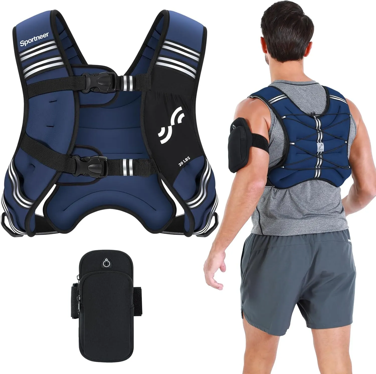 Weighted Vest for Men and Women: Sportneer 8lbs/12lbs/15lbs/20lbs/25lbs Weight Vest with Reflective Stripe Running Vest for Workout Strength Training Fitness Muscle Building Weight Loss Weightlifting