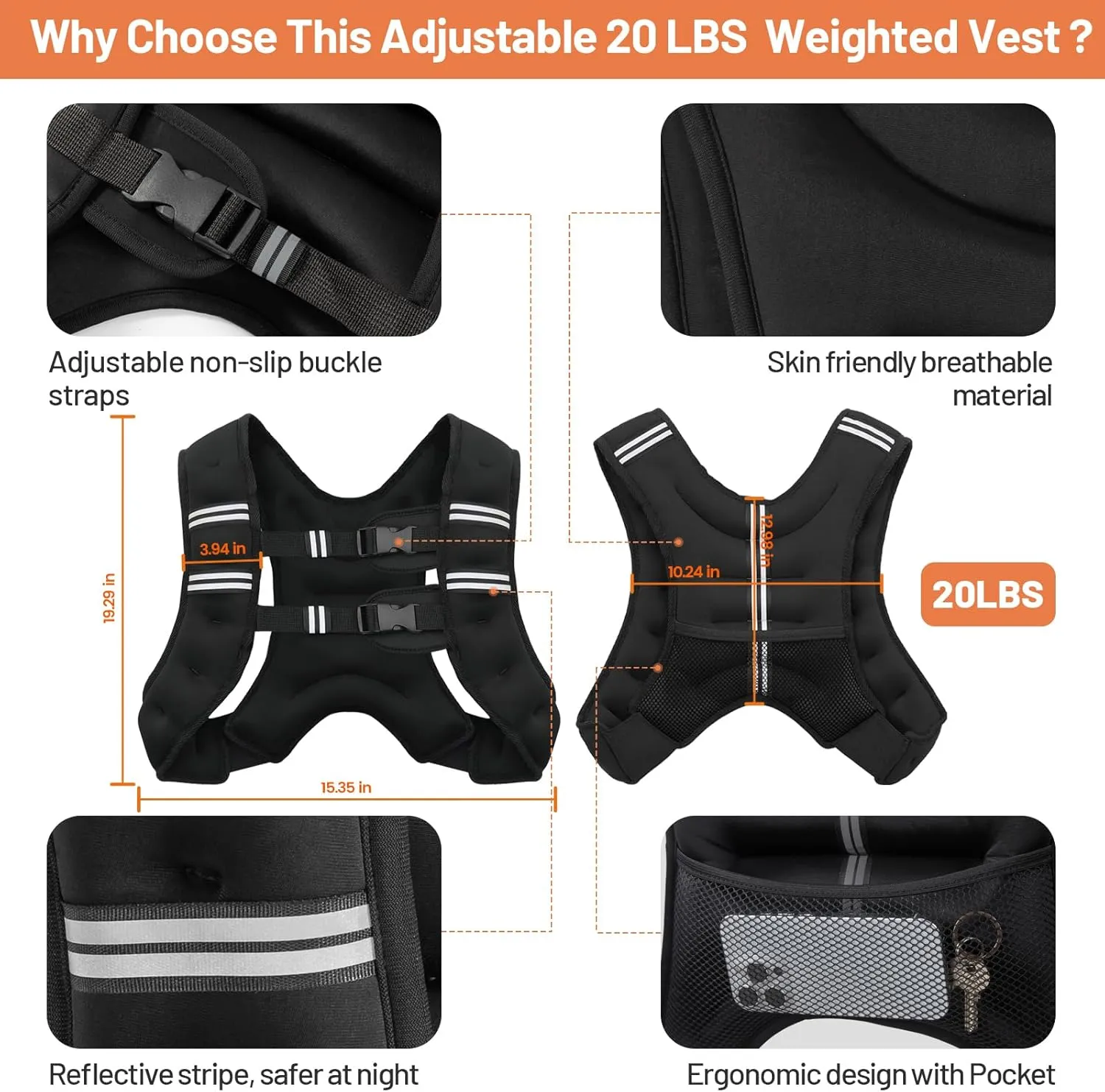 Weighted Vest for Woman Men,8/12/16/20lb Body Weight Vest Reflective Stripe Double Adjustable Buckle Straps Back Pocket for Workout,Strength Training,Jogging,Running,Fitness,Muscle Building