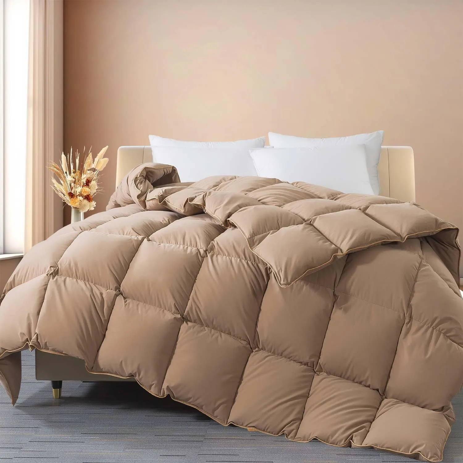 WhatsBedding Feather Down Fiber Comforter King Size, 100% Cotton Duvet Insert for All Season, Hotel Collection, 8 Corner Loops, 90x106 in, Gold Piping