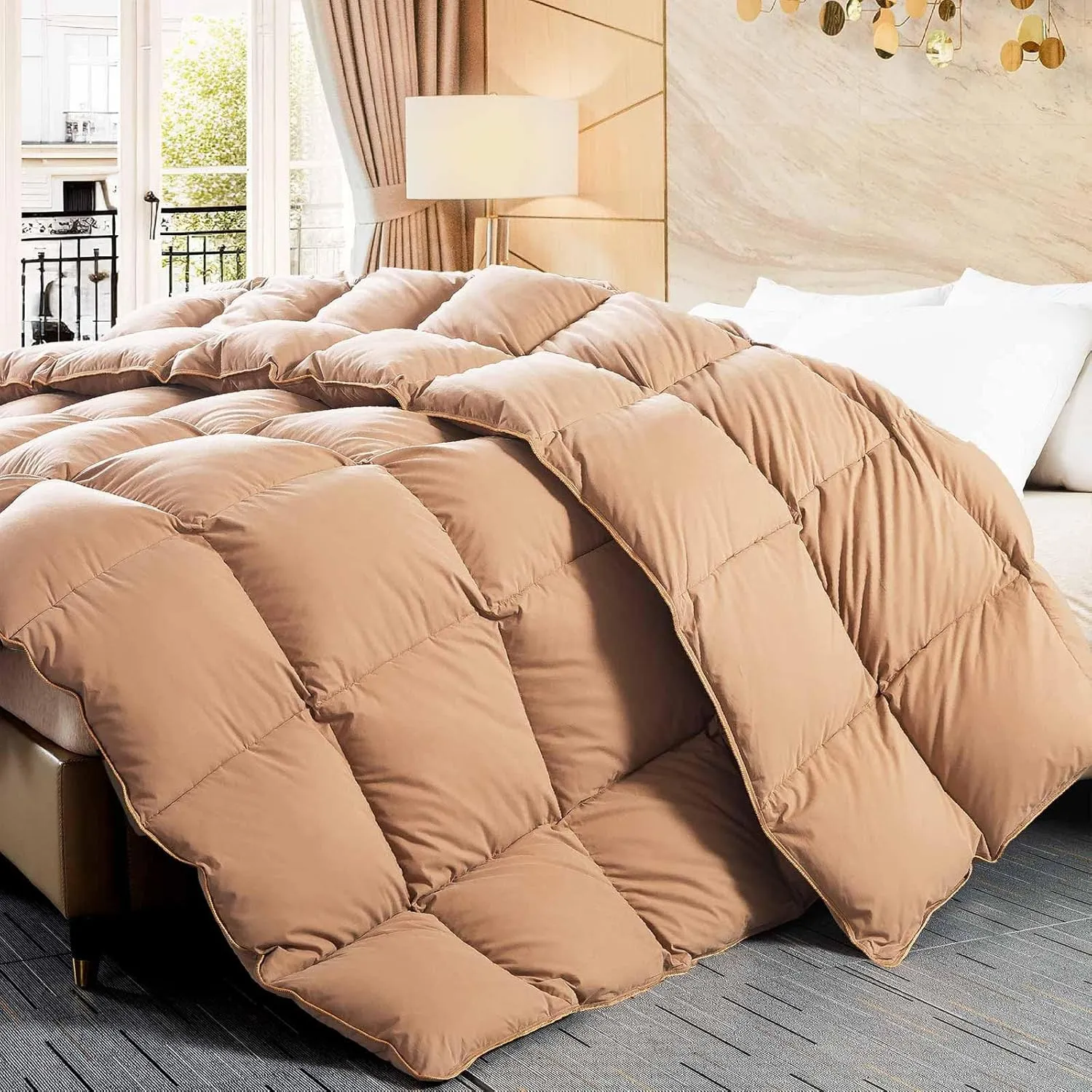 WhatsBedding Feather Down Fiber Comforter King Size, 100% Cotton Duvet Insert for All Season, Hotel Collection, 8 Corner Loops, 90x106 in, Gold Piping