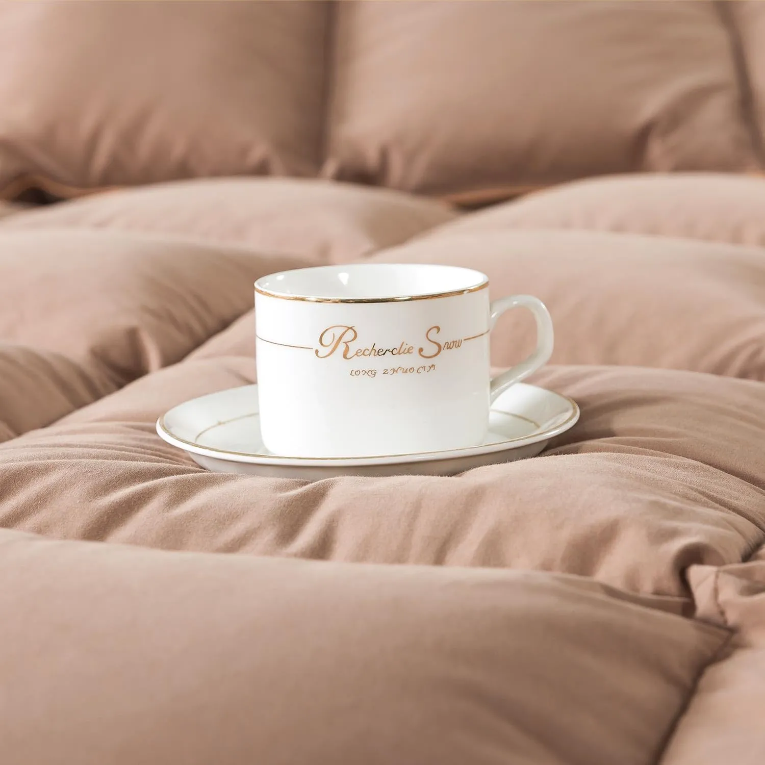 WhatsBedding Feather Down Fiber Comforter King Size, 100% Cotton Duvet Insert for All Season, Hotel Collection, 8 Corner Loops, 90x106 in, Gold Piping