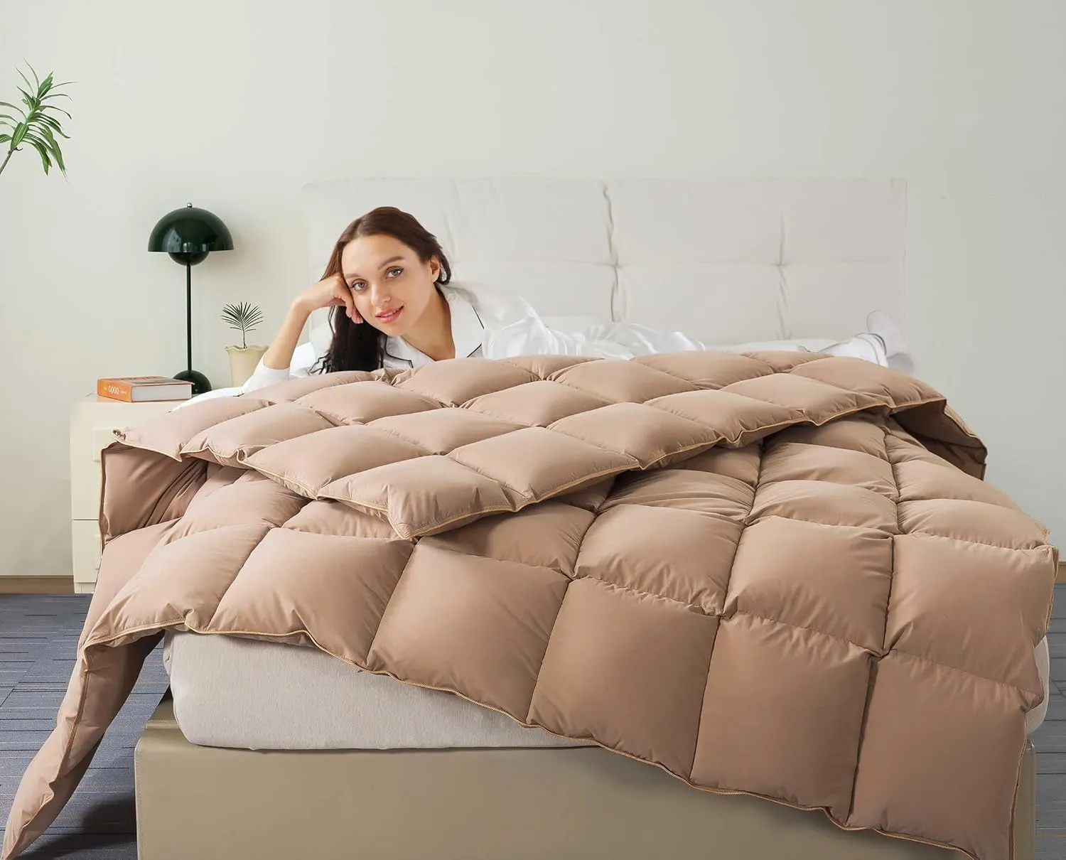 WhatsBedding Feather Down Fiber Comforter King Size, 100% Cotton Duvet Insert for All Season, Hotel Collection, 8 Corner Loops, 90x106 in, Gold Piping