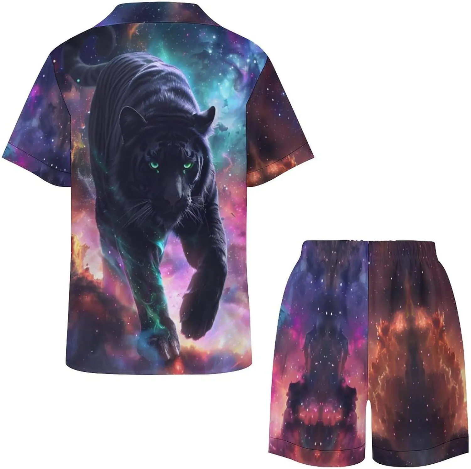 Wildlife Tiger Galaxy Women's Satin Pajama Set Short Sleeve Button Down Sleepwear Loungewear Pj Set