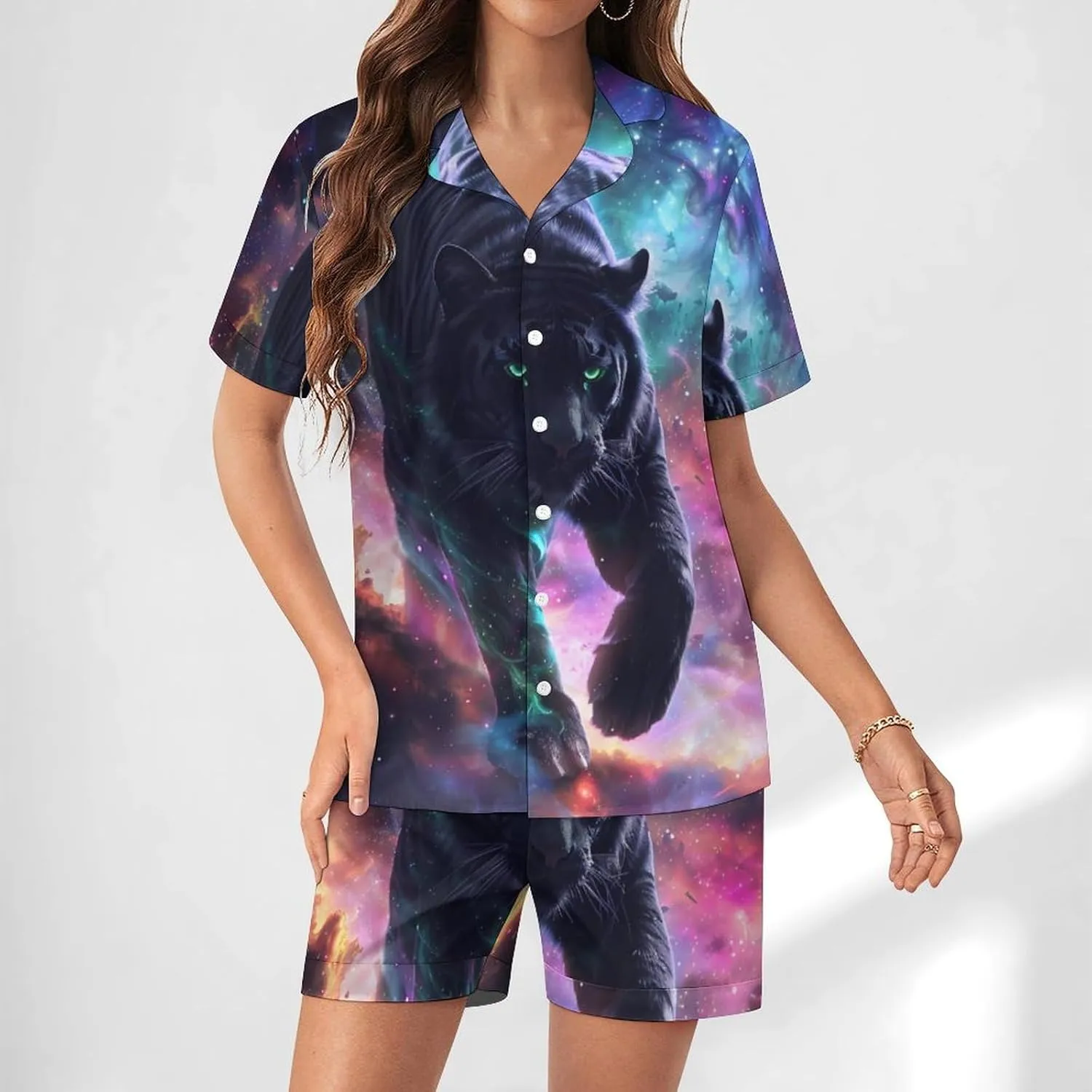 Wildlife Tiger Galaxy Women's Satin Pajama Set Short Sleeve Button Down Sleepwear Loungewear Pj Set