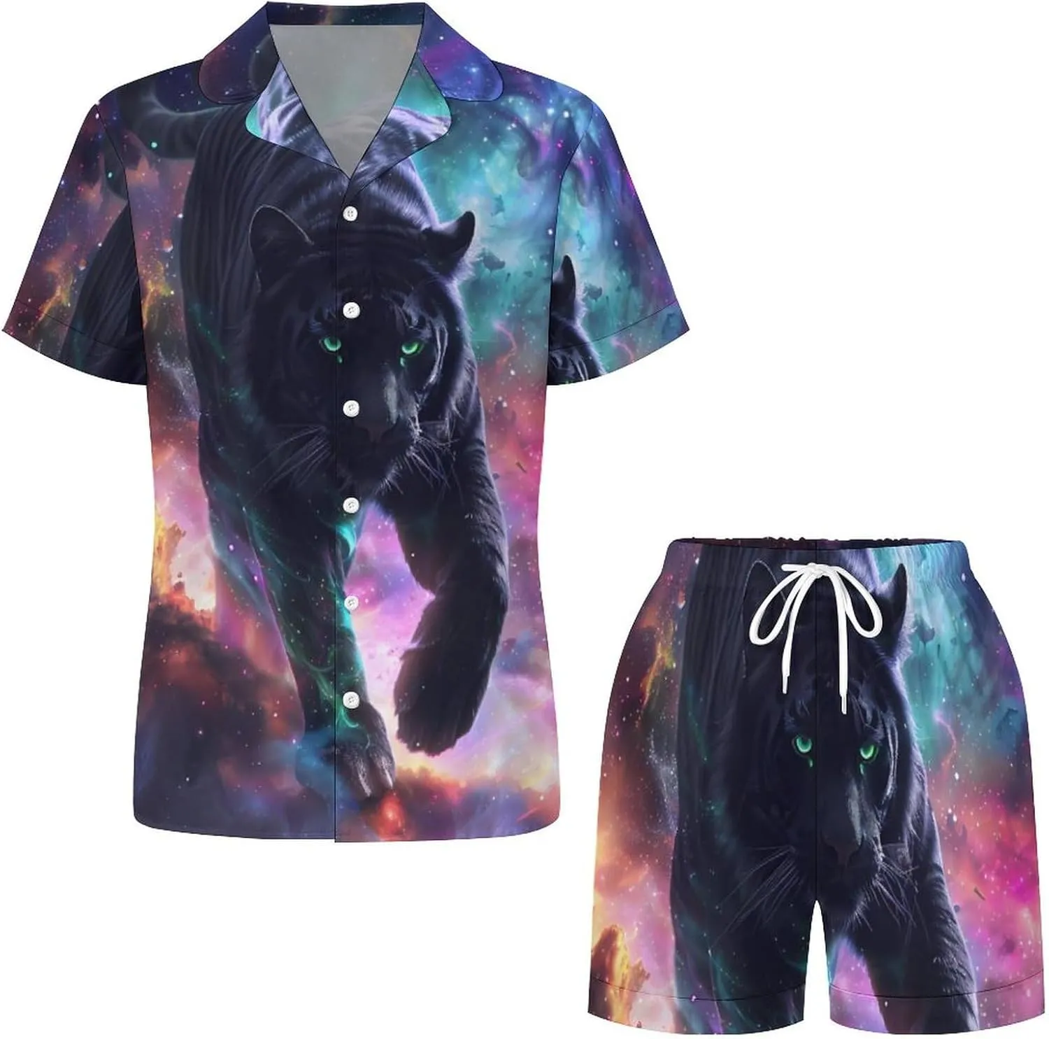 Wildlife Tiger Galaxy Women's Satin Pajama Set Short Sleeve Button Down Sleepwear Loungewear Pj Set