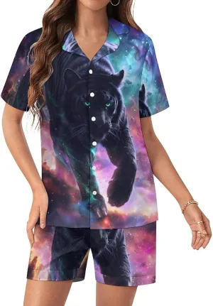 Wildlife Tiger Galaxy Women's Satin Pajama Set Short Sleeve Button Down Sleepwear Loungewear Pj Set