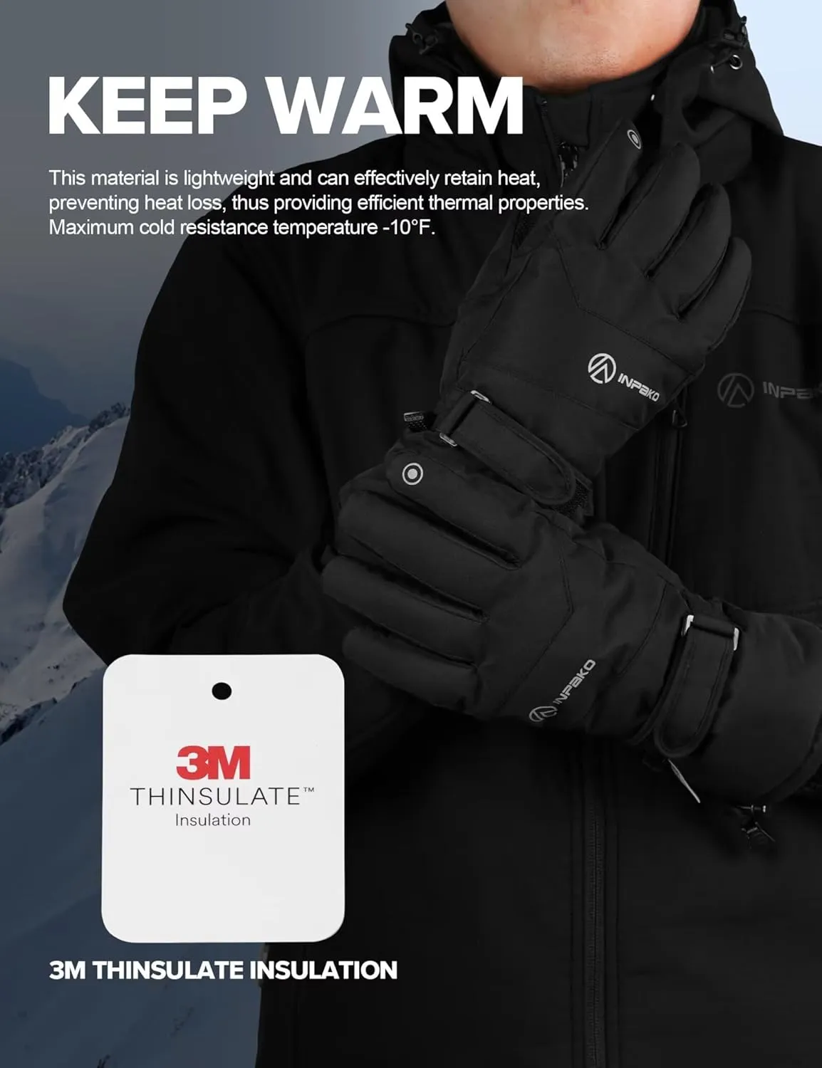 Winter Ski Gloves Men Women, 3M Thinsulate Snow Gloves, Waterproof Windproof Touchscreen Snowboarding Gloves, 5-Layer Thermal Warm Cold Weather Gloves for Skiing, Snowboard, Snowmobile