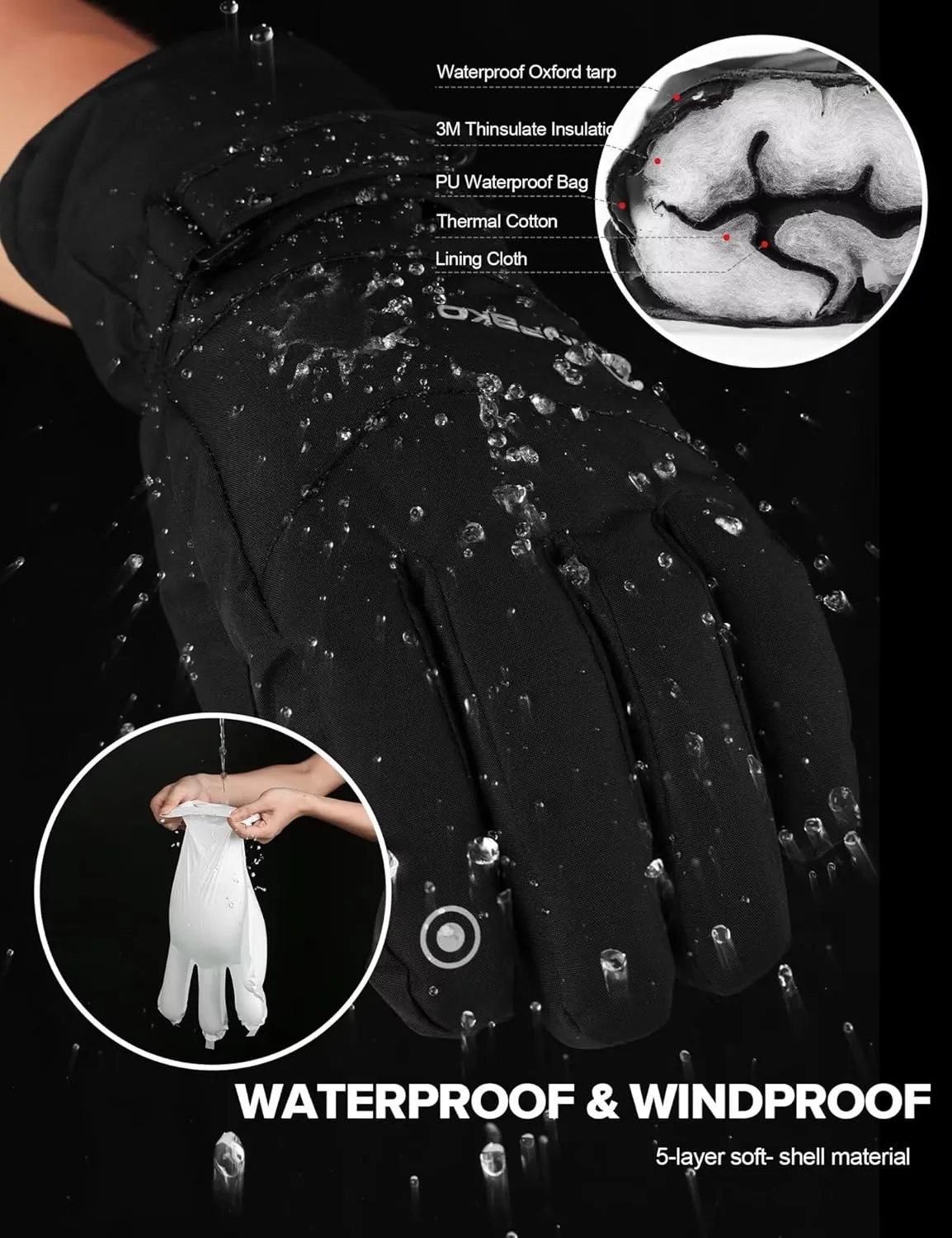 Winter Ski Gloves Men Women, 3M Thinsulate Snow Gloves, Waterproof Windproof Touchscreen Snowboarding Gloves, 5-Layer Thermal Warm Cold Weather Gloves for Skiing, Snowboard, Snowmobile