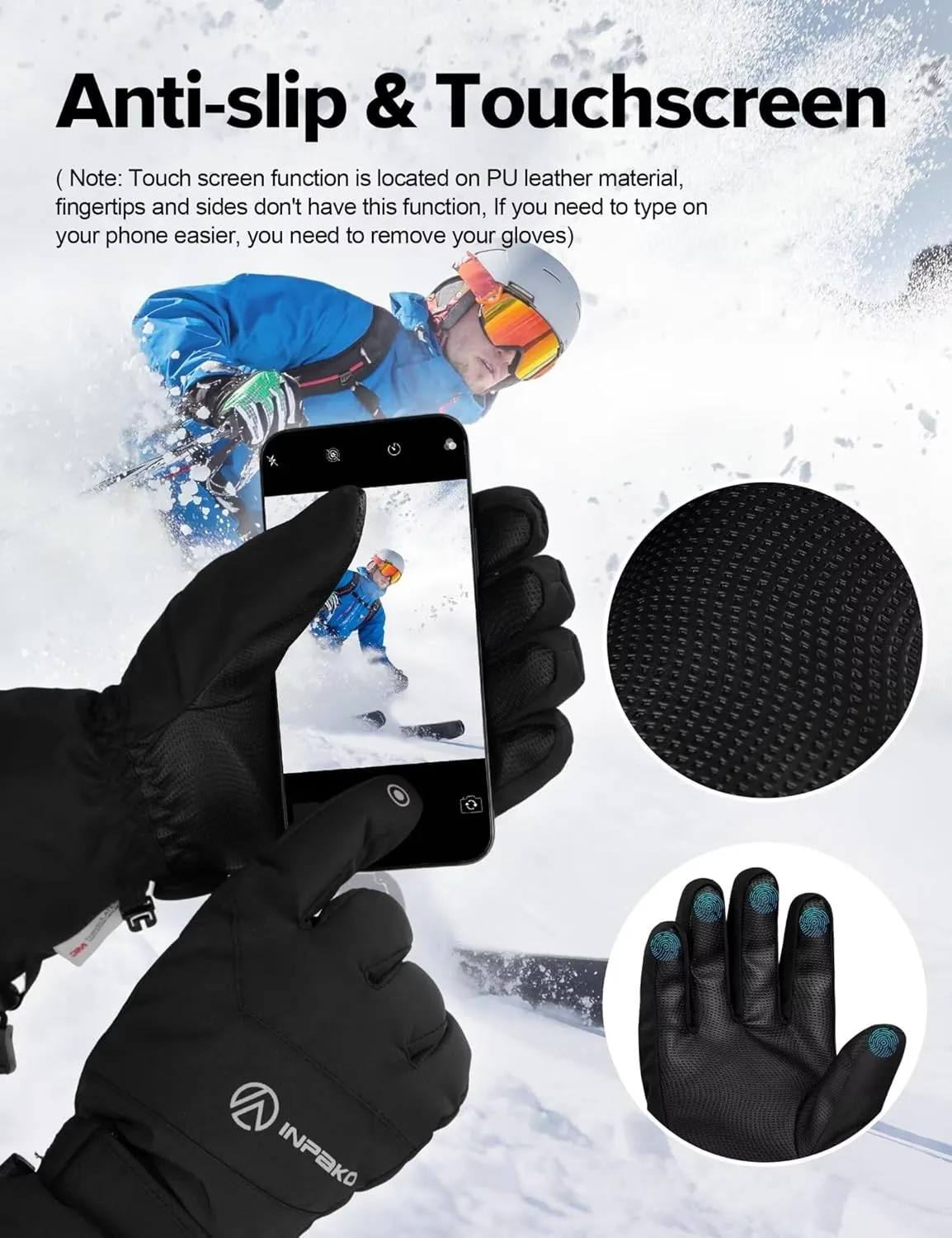 Winter Ski Gloves Men Women, 3M Thinsulate Snow Gloves, Waterproof Windproof Touchscreen Snowboarding Gloves, 5-Layer Thermal Warm Cold Weather Gloves for Skiing, Snowboard, Snowmobile