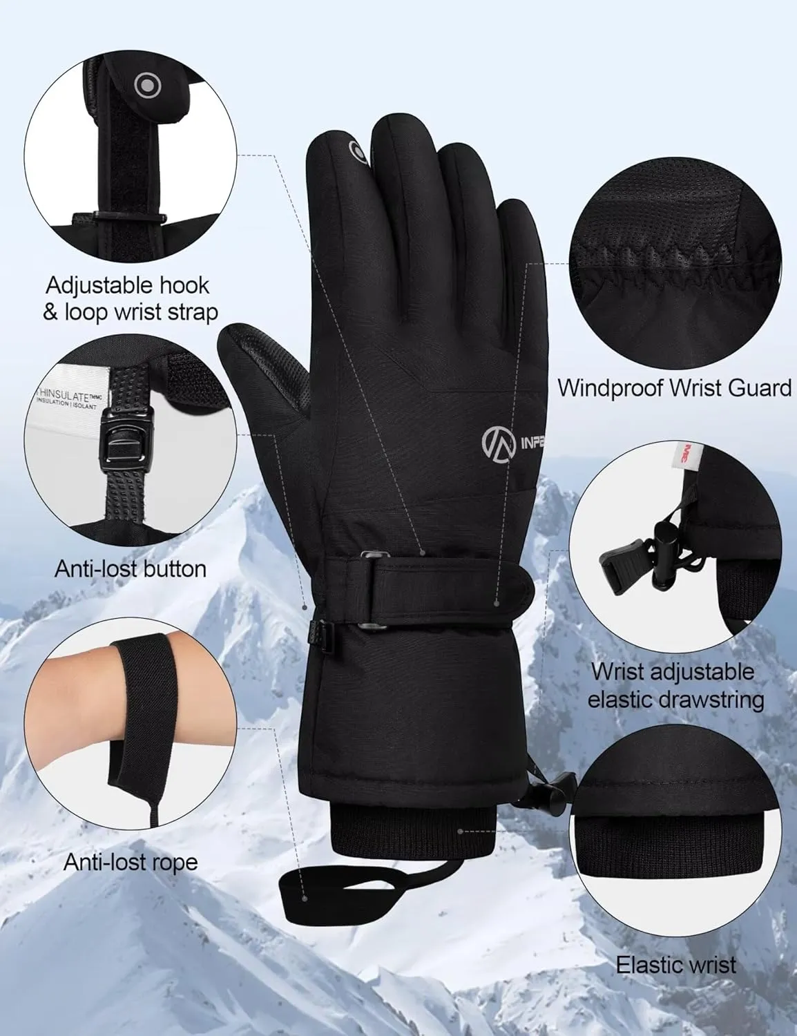 Winter Ski Gloves Men Women, 3M Thinsulate Snow Gloves, Waterproof Windproof Touchscreen Snowboarding Gloves, 5-Layer Thermal Warm Cold Weather Gloves for Skiing, Snowboard, Snowmobile