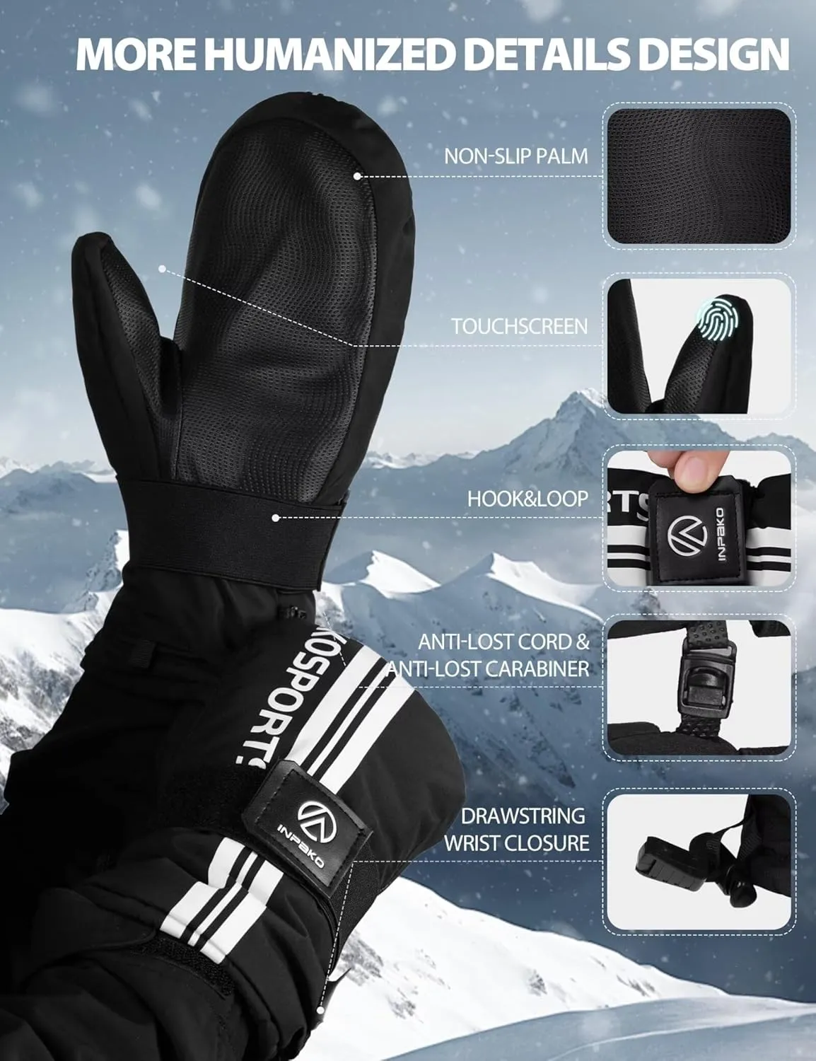 Winter Ski Mittens with Removable Wrist Guard, 3M Thinsulate Snow Mittens with Inside Glove Liners, Waterproof Windproof Touchscreen Snowboard Mitten for Men Women, 5-Layer Thermal Cold Weather