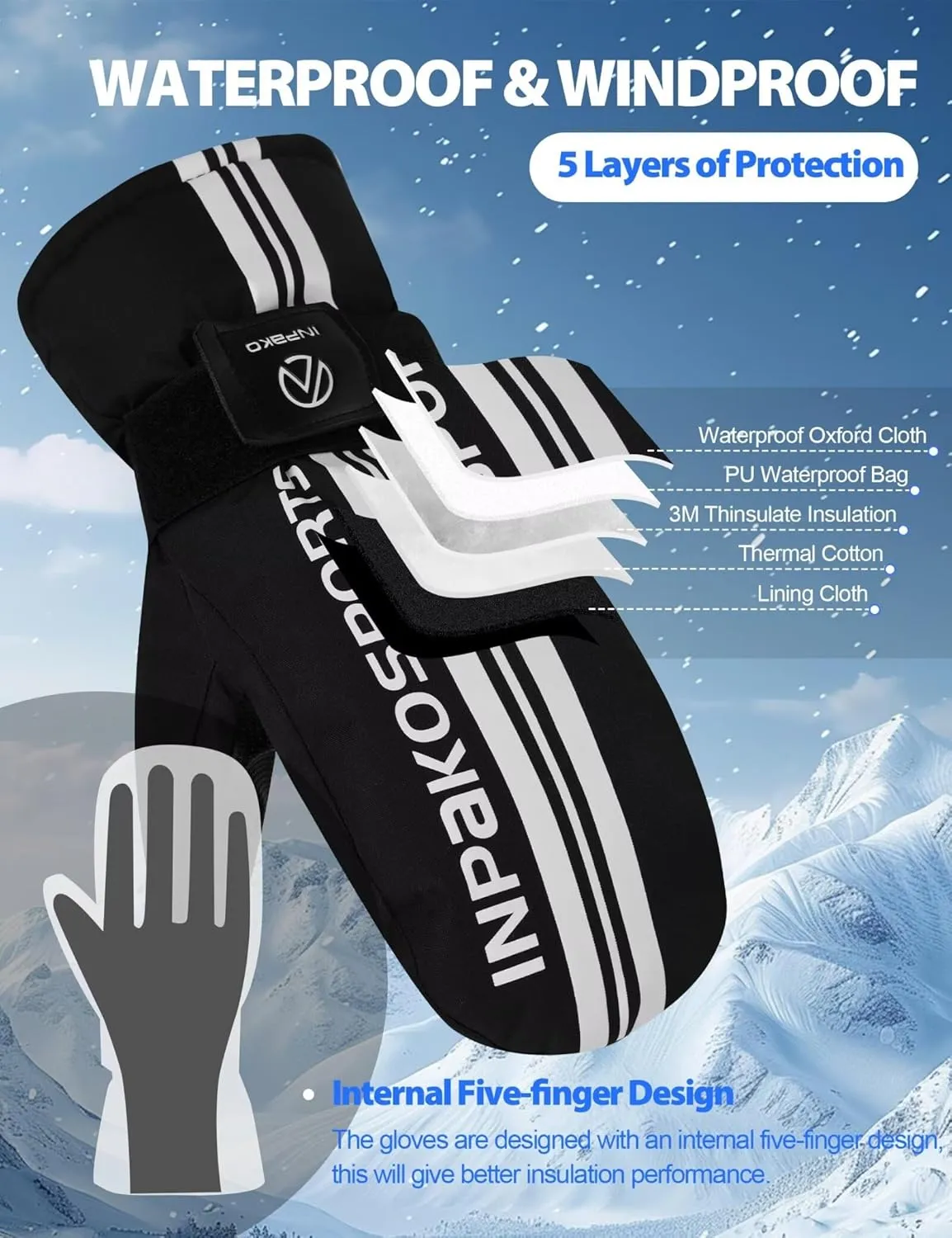 Winter Ski Mittens with Removable Wrist Guard, 3M Thinsulate Snow Mittens with Inside Glove Liners, Waterproof Windproof Touchscreen Snowboard Mitten for Men Women, 5-Layer Thermal Cold Weather