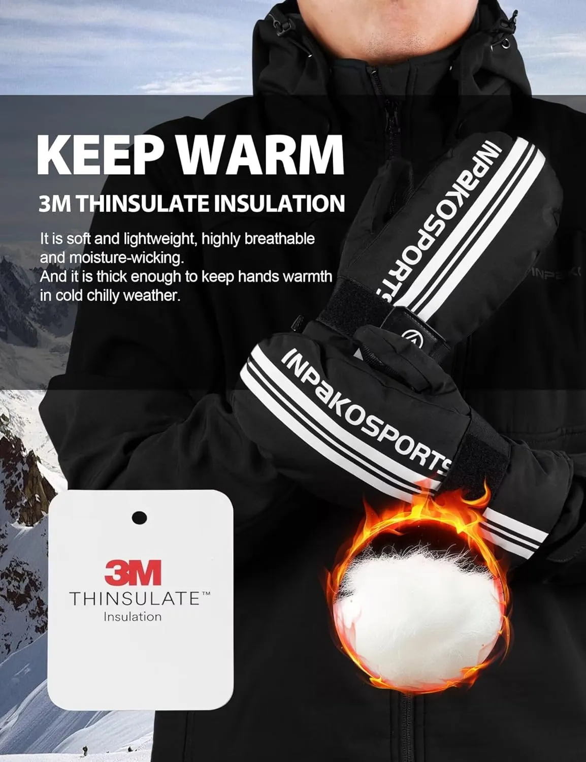 Winter Ski Mittens with Removable Wrist Guard, 3M Thinsulate Snow Mittens with Inside Glove Liners, Waterproof Windproof Touchscreen Snowboard Mitten for Men Women, 5-Layer Thermal Cold Weather