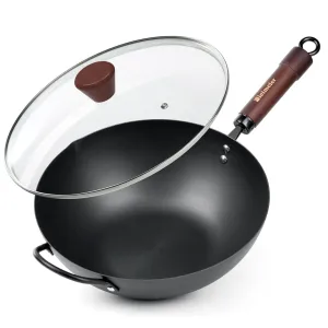 Wok Pan with Lid， Versatile and Durable Carbon Steel Wok - Natural Non-Stick Woks and Stir Fry Pans, Flat Bottom Wok Suitable for All Cooktops - Perfect for Asian Cuisine