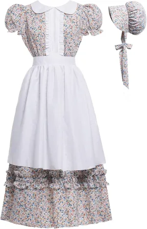 Women Pioneer Colonial Dress Floral Prairie Dresses Pilgrim Costume