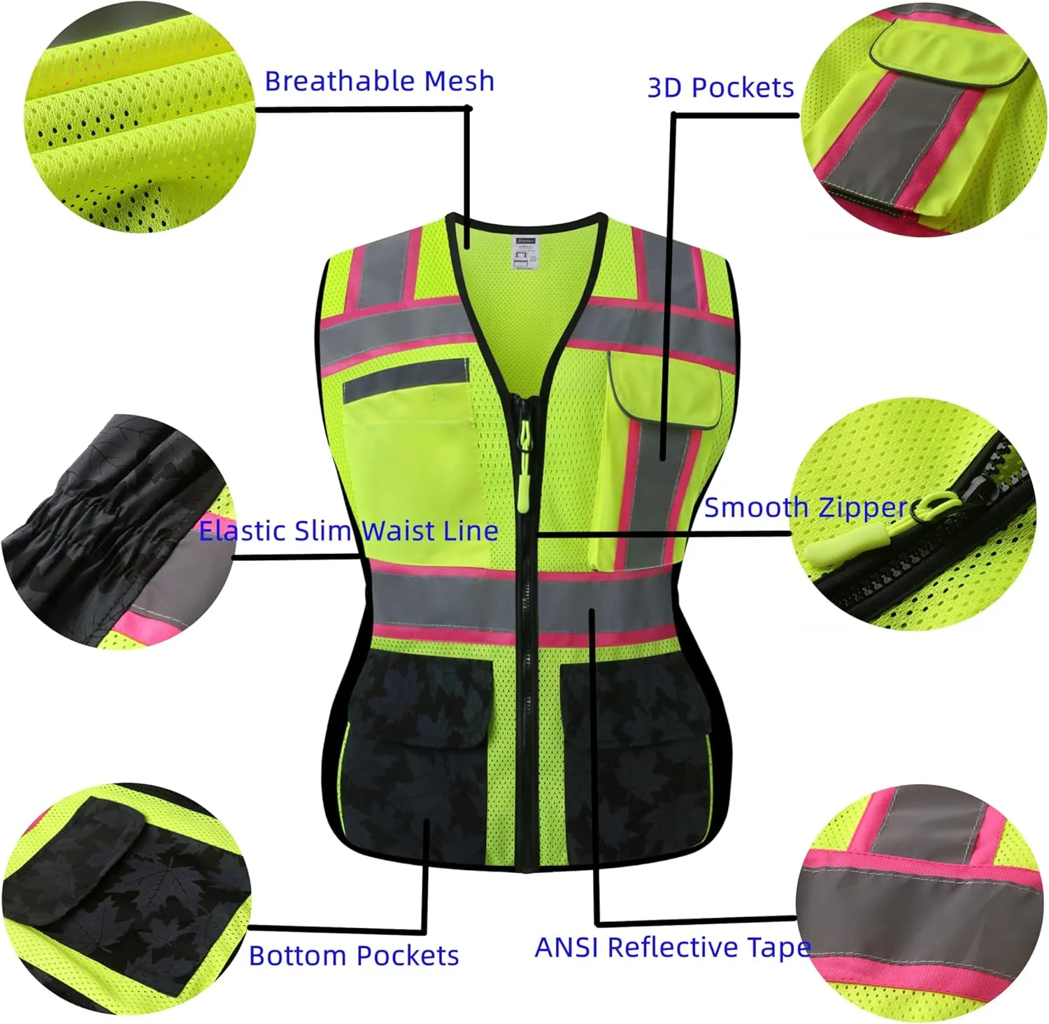 Women Safety Vest, Multi Pockets High Visibility Reflective Breathable Mesh Work Vest For Lady, Durable Zipper