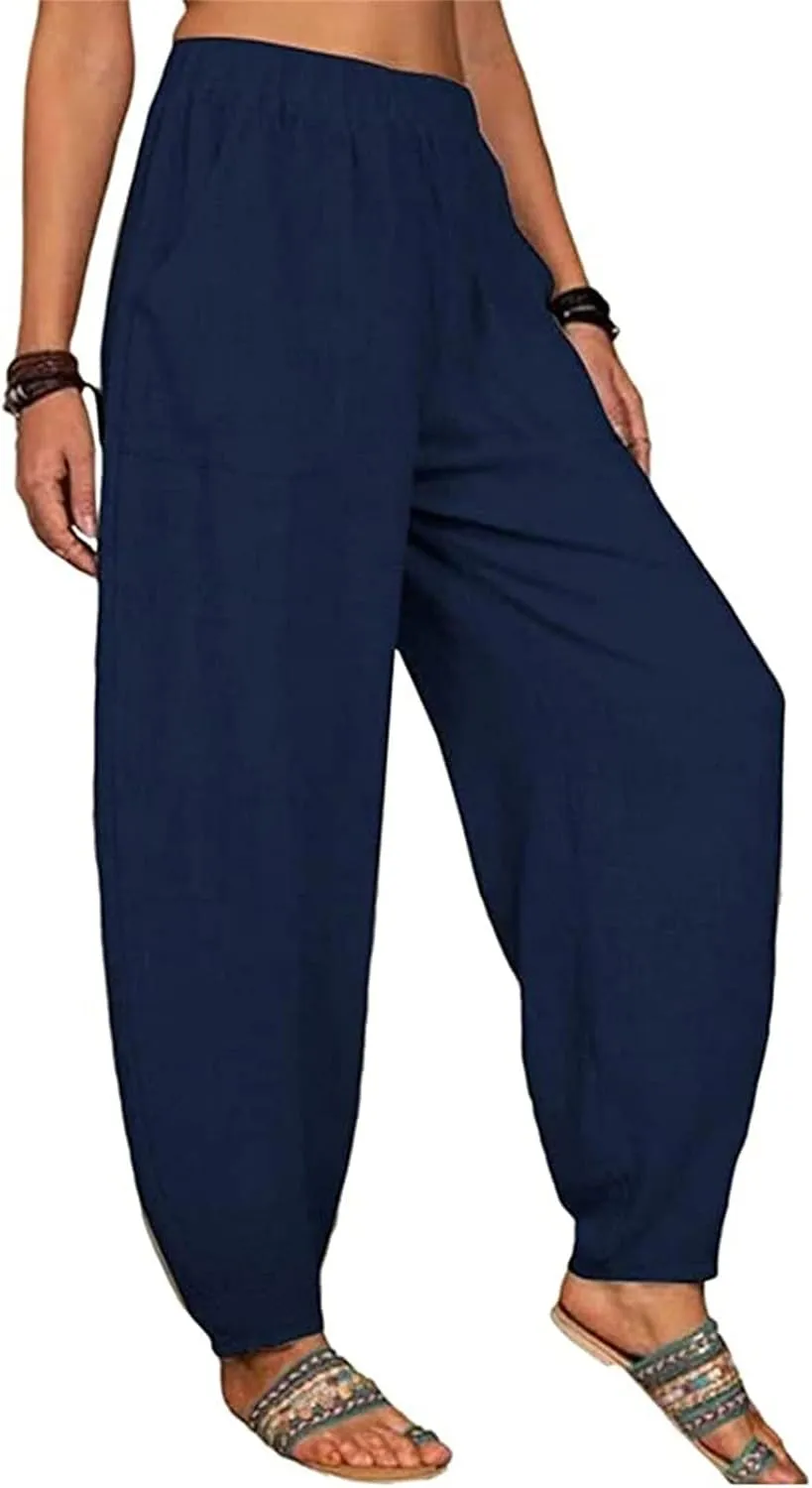 Women Wide Leg Linen Pants 2025 Summer Casual High Waisted Palazzo Pant Loose Ruched Trouser with Pocket