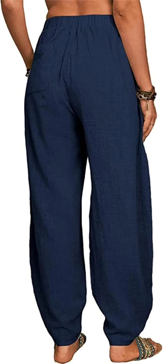 Women Wide Leg Linen Pants 2025 Summer Casual High Waisted Palazzo Pant Loose Ruched Trouser with Pocket