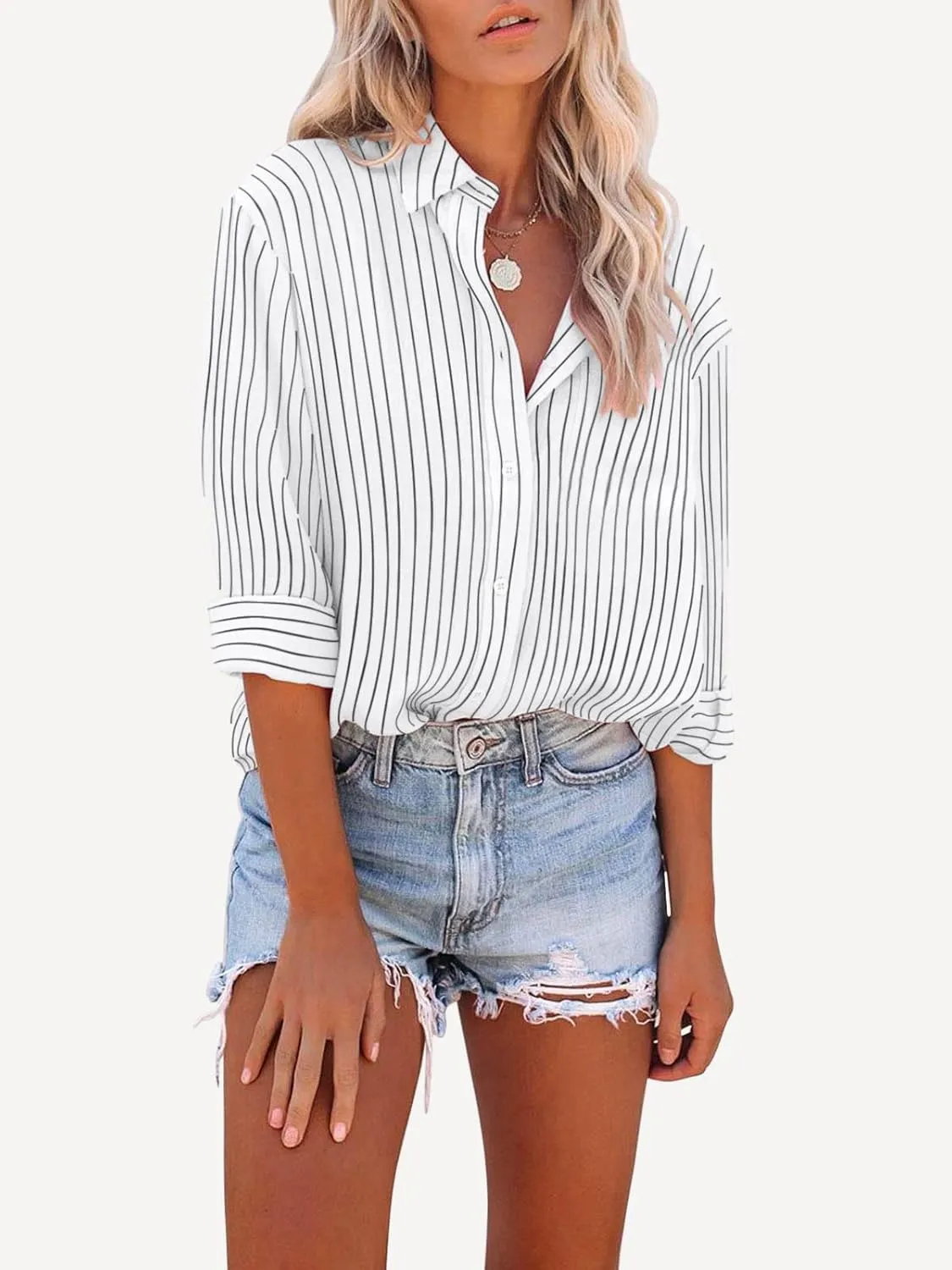 Womens Button Down Shirts Cotton Striped Dress Shirt Long Sleeve Collared Office Work Pinstripes Blouses Tops