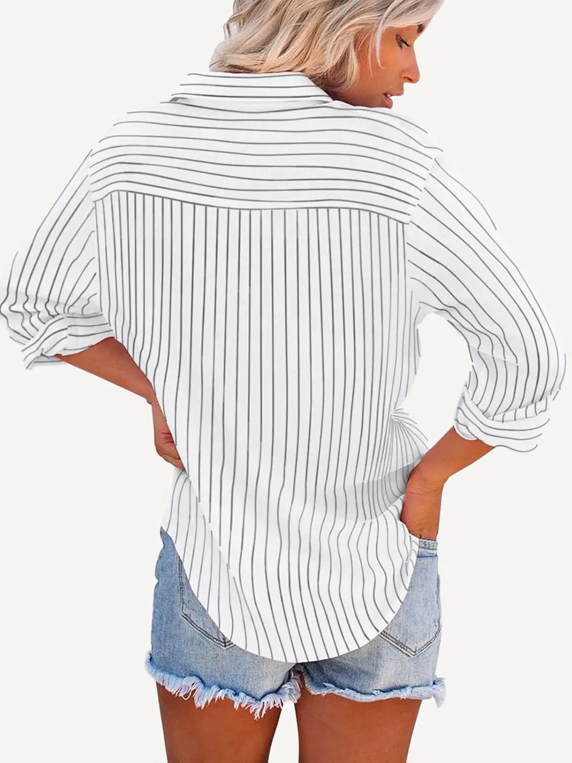 Womens Button Down Shirts Cotton Striped Dress Shirt Long Sleeve Collared Office Work Pinstripes Blouses Tops