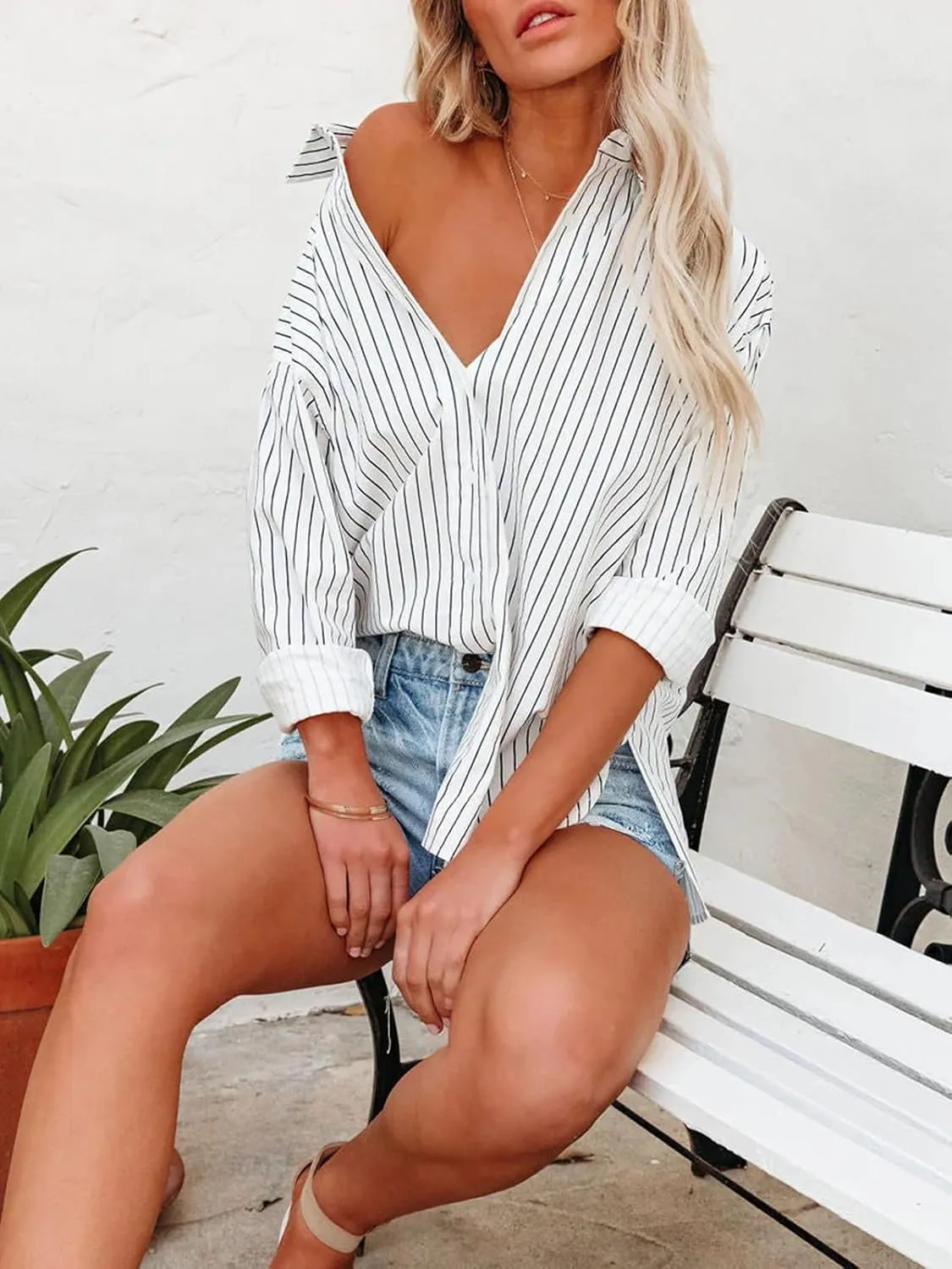 Womens Button Down Shirts Cotton Striped Dress Shirt Long Sleeve Collared Office Work Pinstripes Blouses Tops