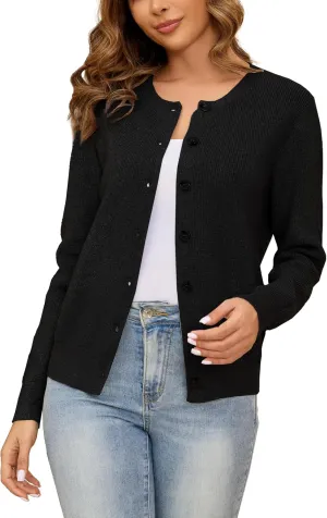 Women's Crew Neck Cardigan Button Down Long Sleeve Soft Knit Sweater Top Outwear Coat