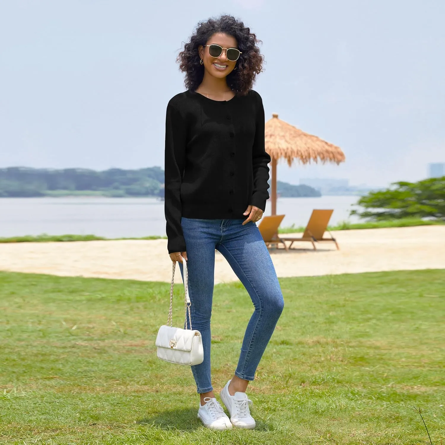 Women's Crew Neck Cardigan Button Down Long Sleeve Soft Knit Sweater Top Outwear Coat