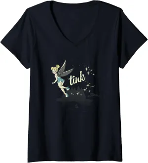Womens Disney Peter Pan Tinker Bell Sparkle Foot Trail V-Neck T-Shirt