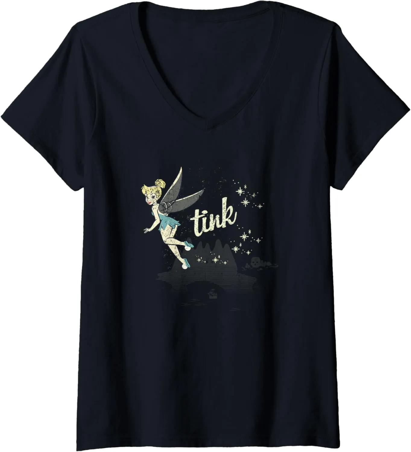 Womens Disney Peter Pan Tinker Bell Sparkle Foot Trail V-Neck T-Shirt