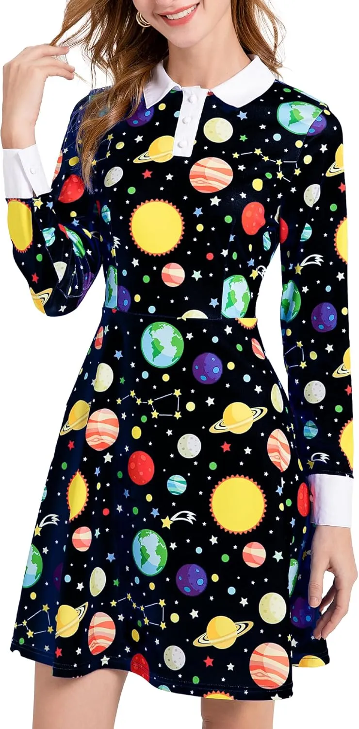 Womens Long Sleeve Peter Pan Collar Fit and Flare Above Knee Aline Halloween Dress