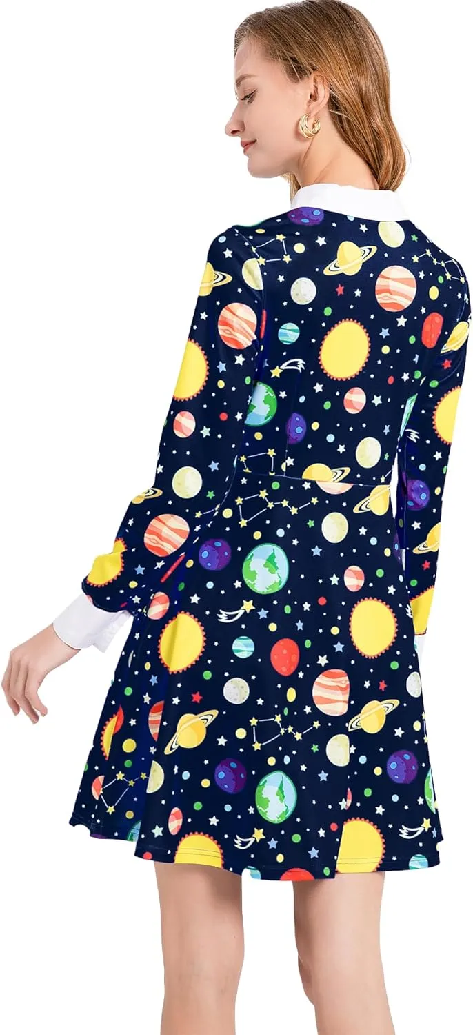 Womens Long Sleeve Peter Pan Collar Fit and Flare Above Knee Aline Halloween Dress