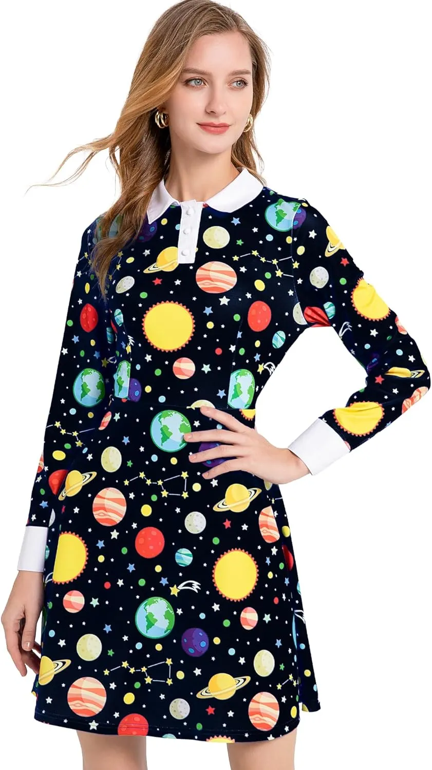 Womens Long Sleeve Peter Pan Collar Fit and Flare Above Knee Aline Halloween Dress