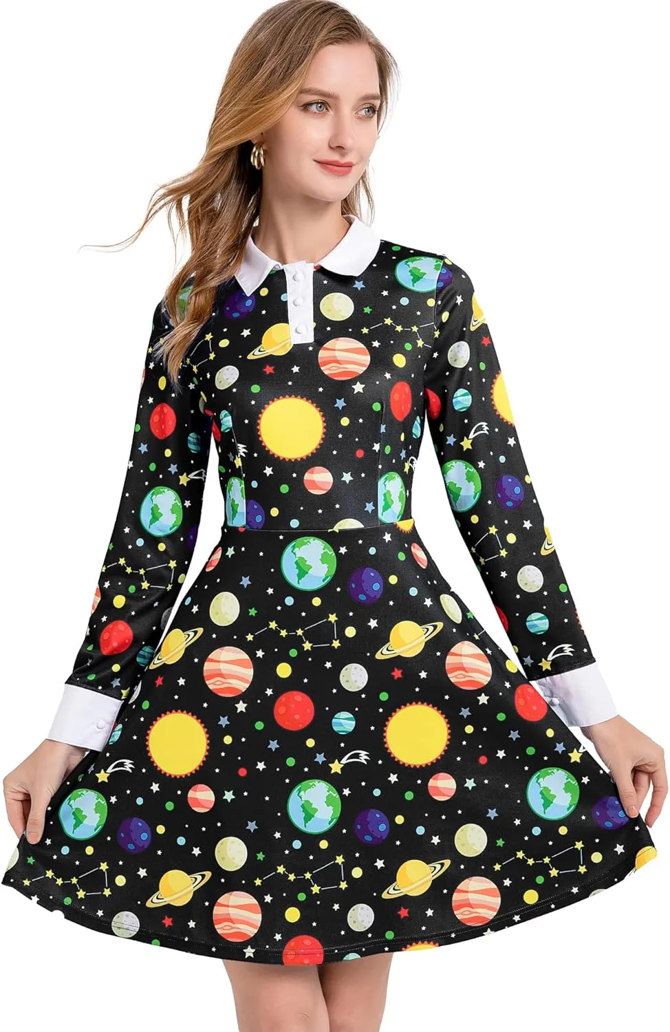 Womens Long Sleeve Peter Pan Collar Fit and Flare Above Knee Aline Halloween Dress